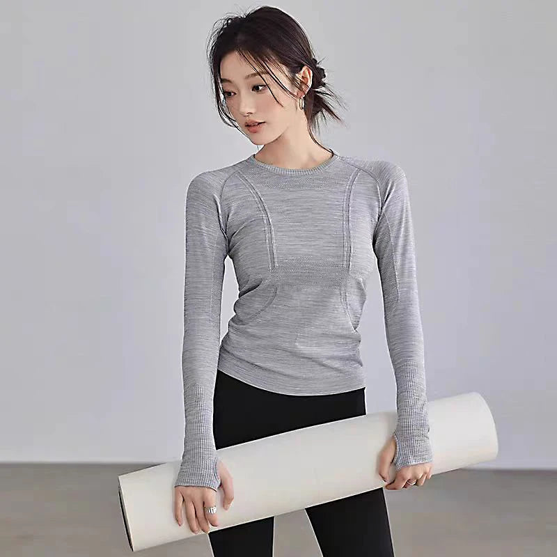 Women Yoga Top Round Neck Seamless Long Sleeve Gym Shirt For Fitness Winter
