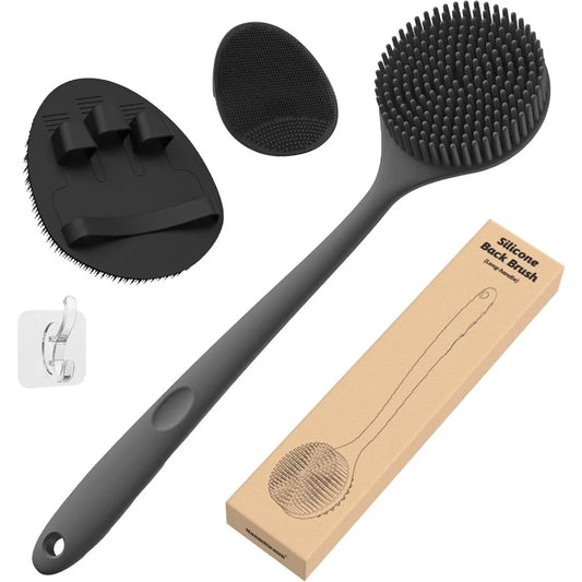 Silicone Back Scrubber Set 3 Piece With Bath Glove And Face Brush For Exfoliating