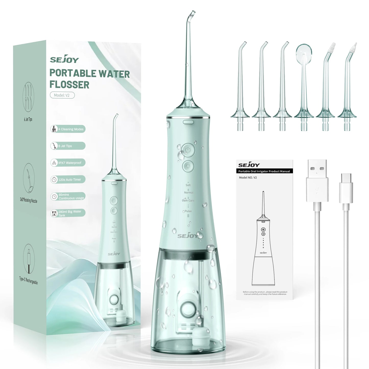 SEJOY USB Rechargeable Oral Irrigator Water Flosser 280ML Portable Teeth Cleaner
