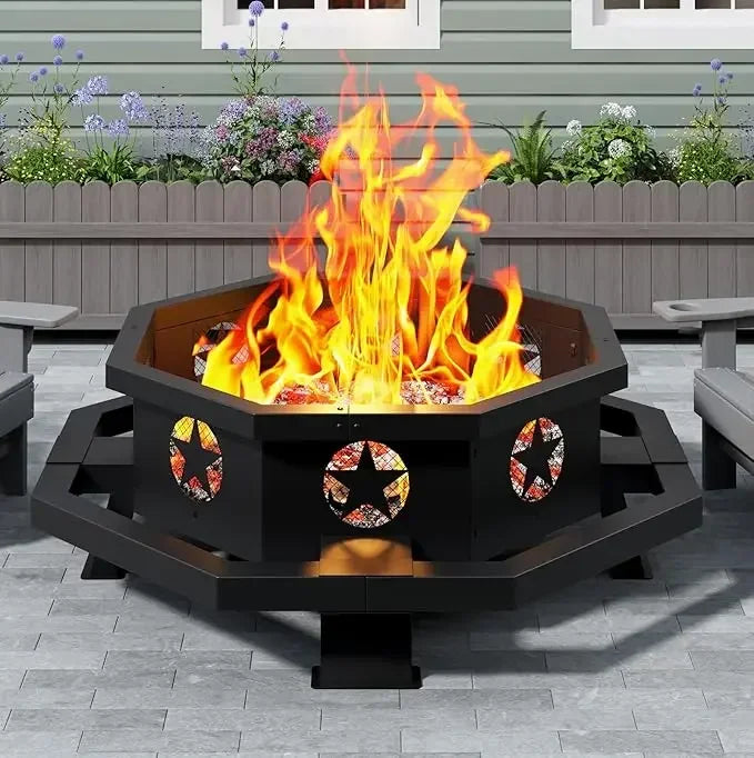 Hexagonal Outdoor Wood Fire Pit for Backyard Gatherings and Patio Entertaining Spaces