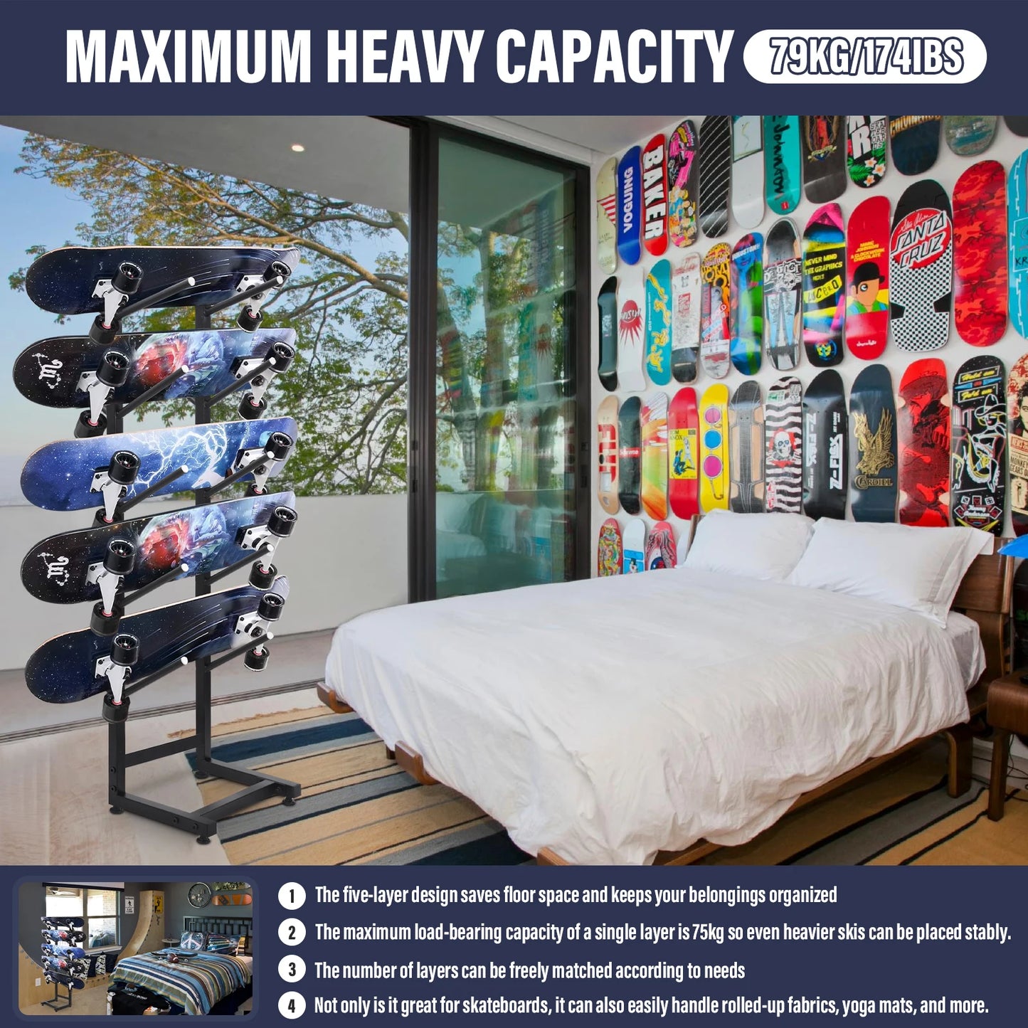 5 Tier Metal Skateboard Rack Freestanding Organizer For Home Gym