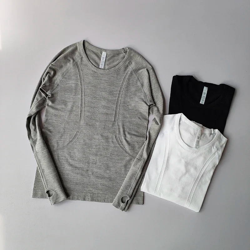 Women Yoga Top Round Neck Seamless Long Sleeve Gym Shirt For Fitness Winter