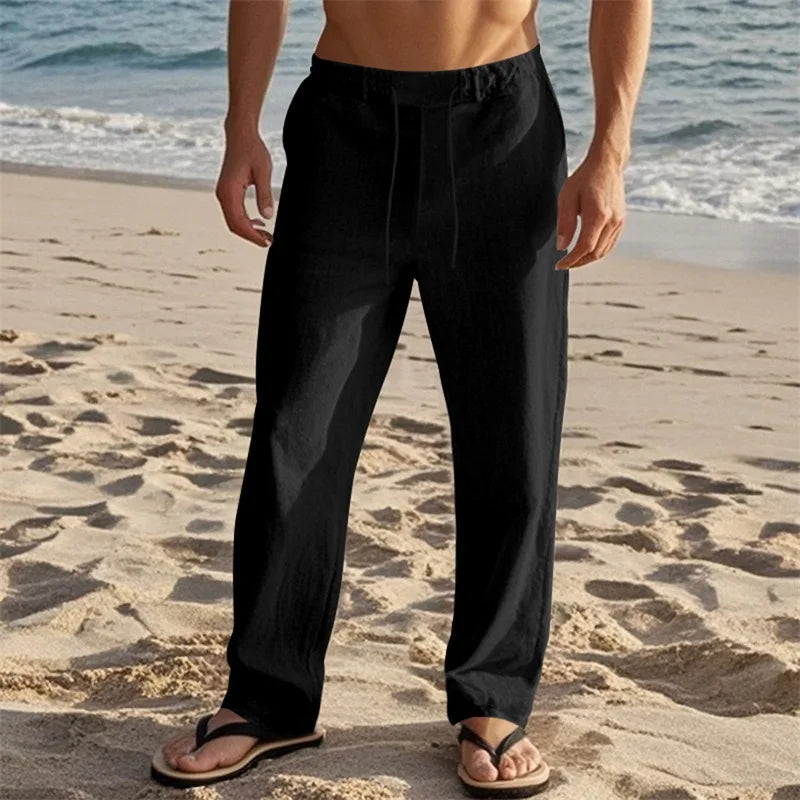 Men's Lightweight Linen Drawstring Pants With Pockets For Summer Beach Wear