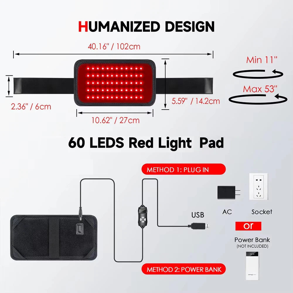 Red Light Therapy Waist Belt with 60 LEDs 660nm and 120 LEDs 850nm Near Infrared
