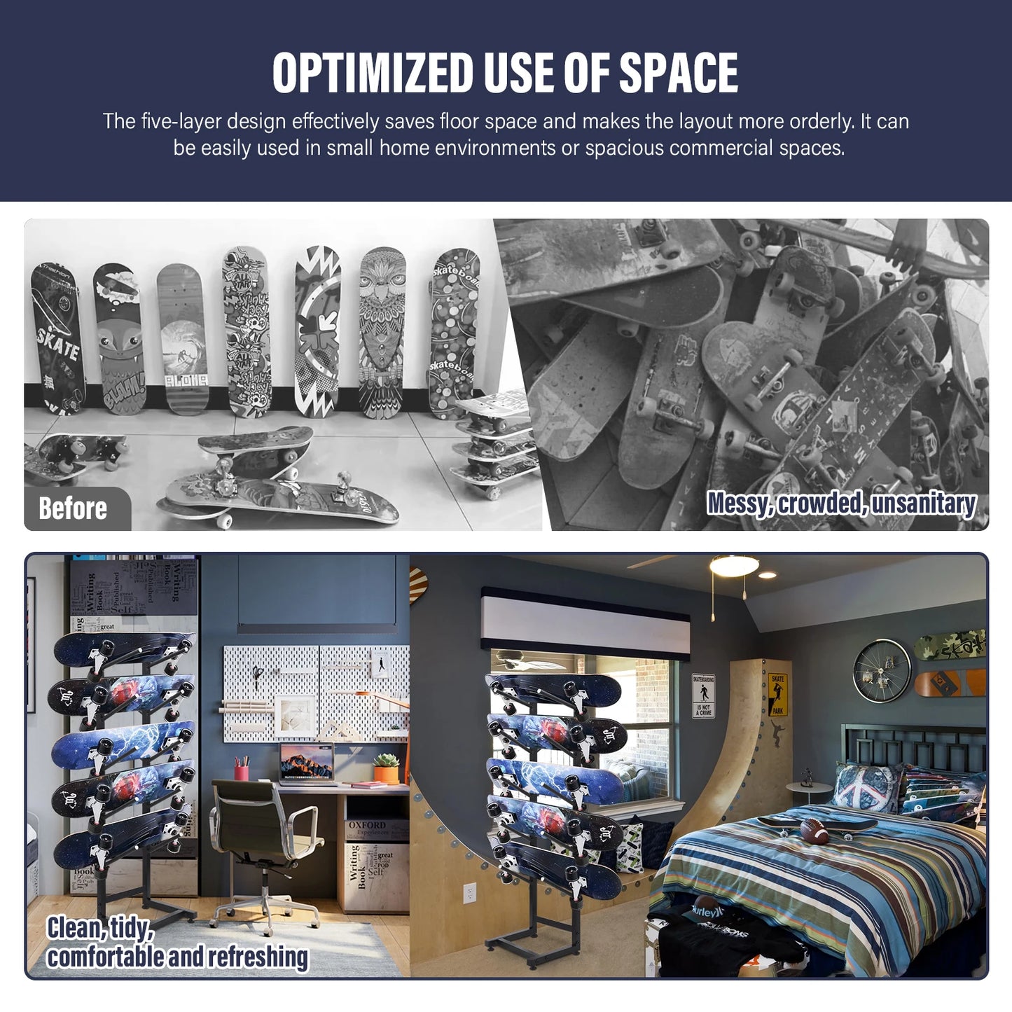 5 Tier Metal Skateboard Rack Freestanding Organizer For Home Gym