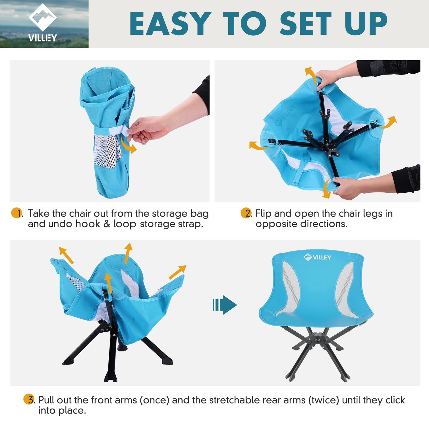 VILLEY Portable Folding Chair Lightweight Camping Chair For Beach Hiking 330 LBS