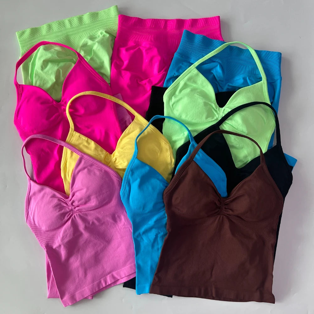 No Logo Seamless Gym Set Women Tank Tops And Leggings