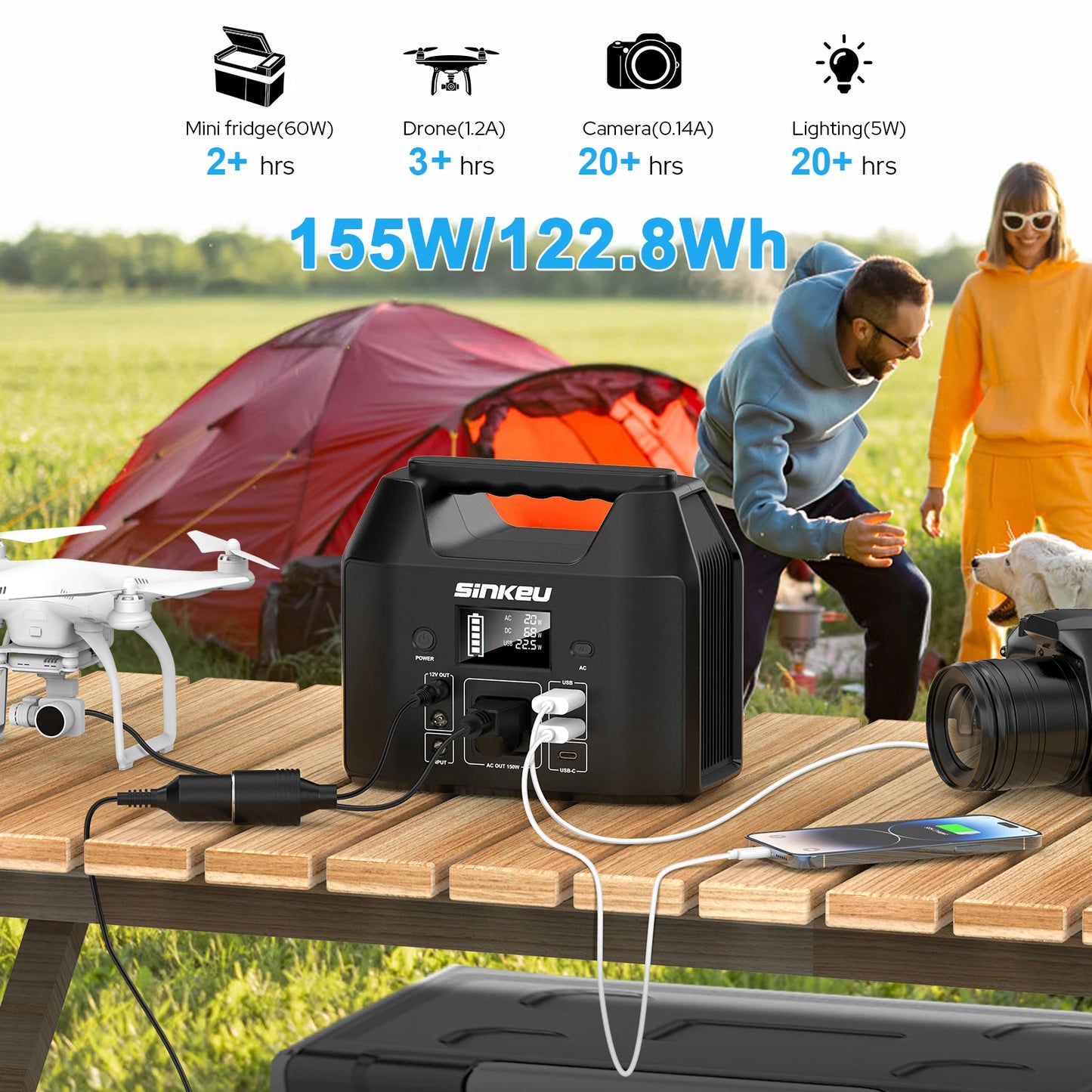 SinKeu 150W Portable Power Station LiFePO4 Battery Solar Generator 122.8Wh With AC 110V