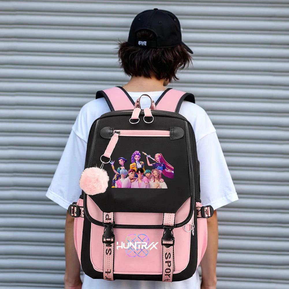 KPop Movie Print School Backpack With USB Port Laptop Bag