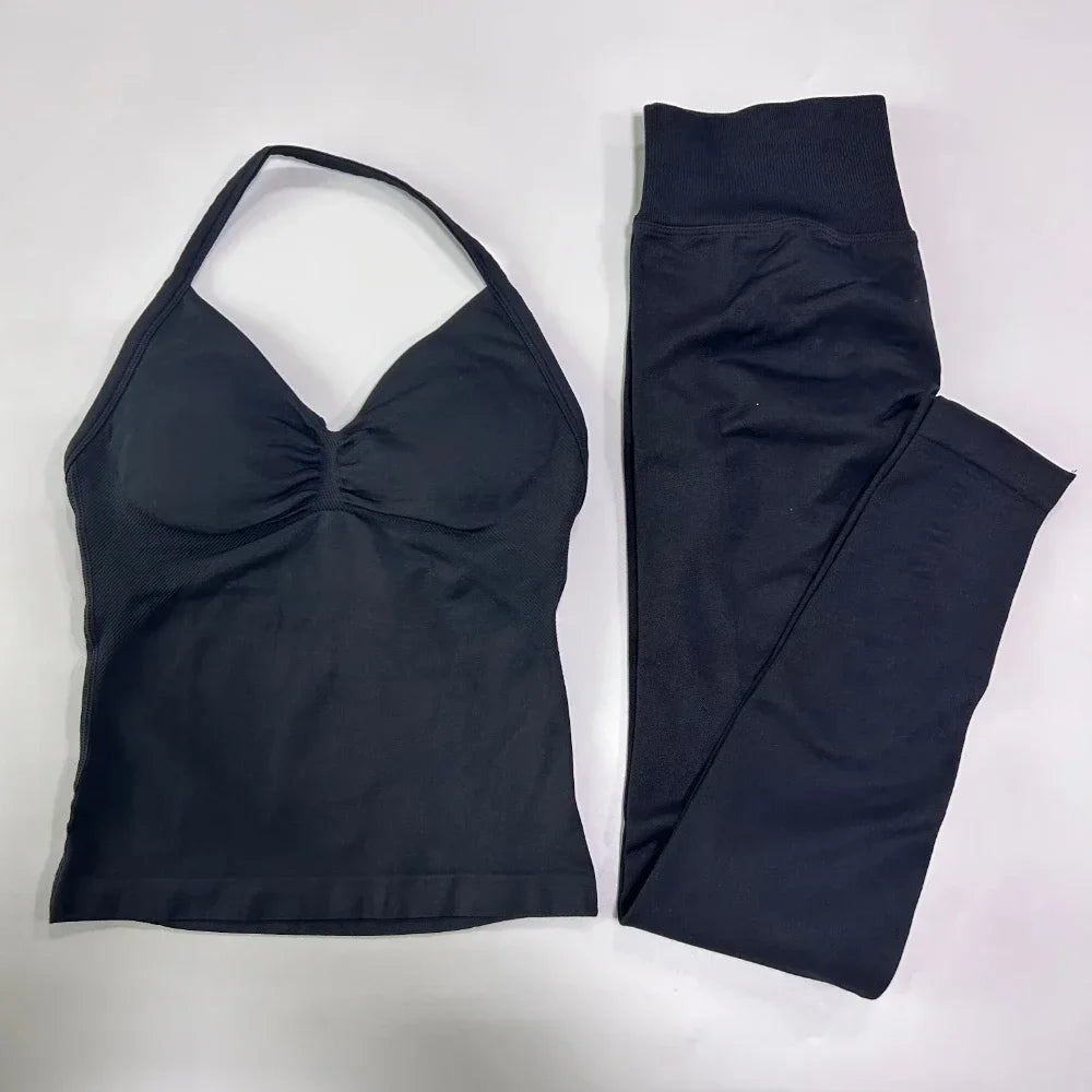 No Logo Seamless Gym Set Women Tank Tops And Leggings
