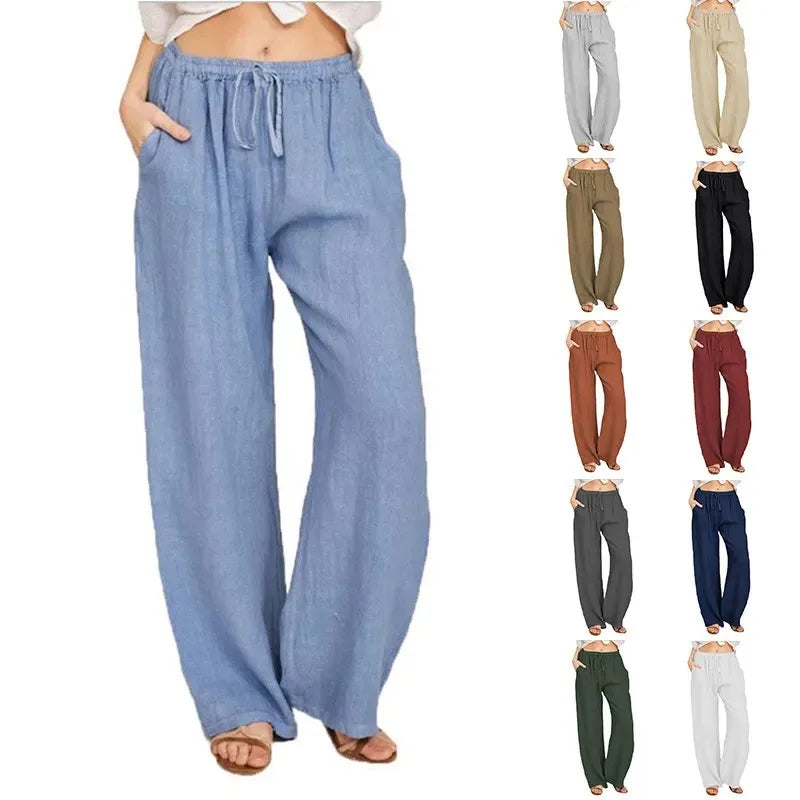 Womens Cotton Linen Pants Casual Loose Elastic Waist Pockets Oversize Wide Leg