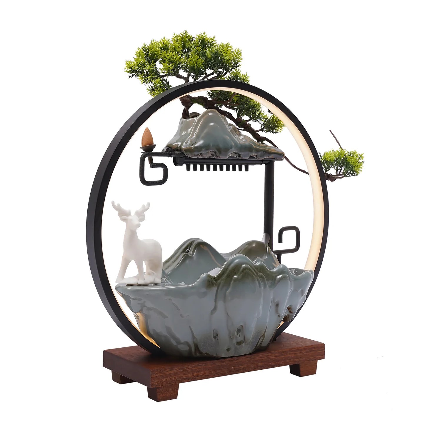 110V Ceramic Tabletop Fountain With Mist LED Deer Figurine And Pine Branches