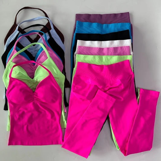 No Logo Seamless Gym Set Women Tank Tops And Leggings