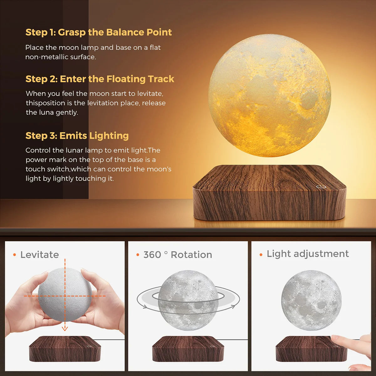 Magnetic Floating Rotating Moon Lamp Wooden Base 3 Color LED Night Light