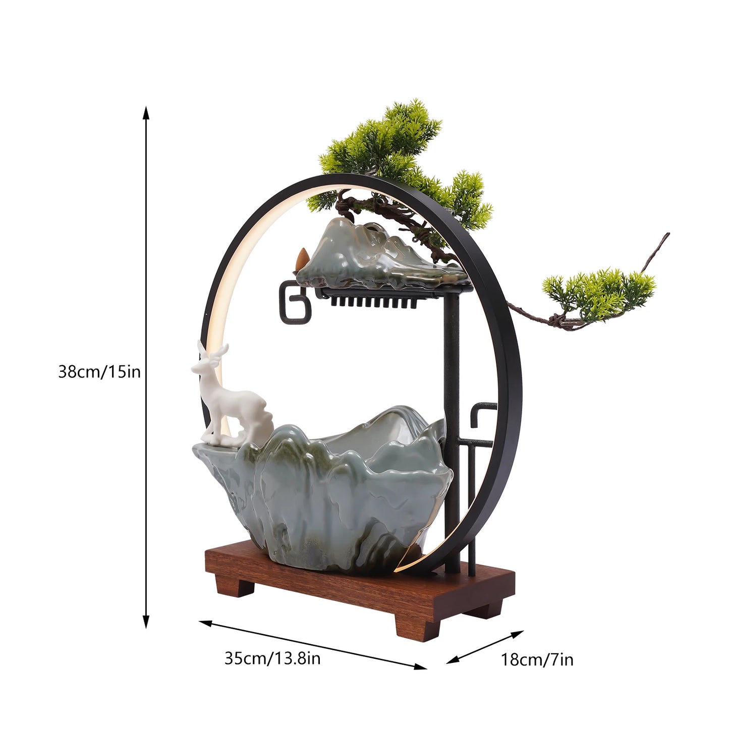 110V Ceramic Tabletop Fountain With Mist LED Deer Figurine And Pine Branches