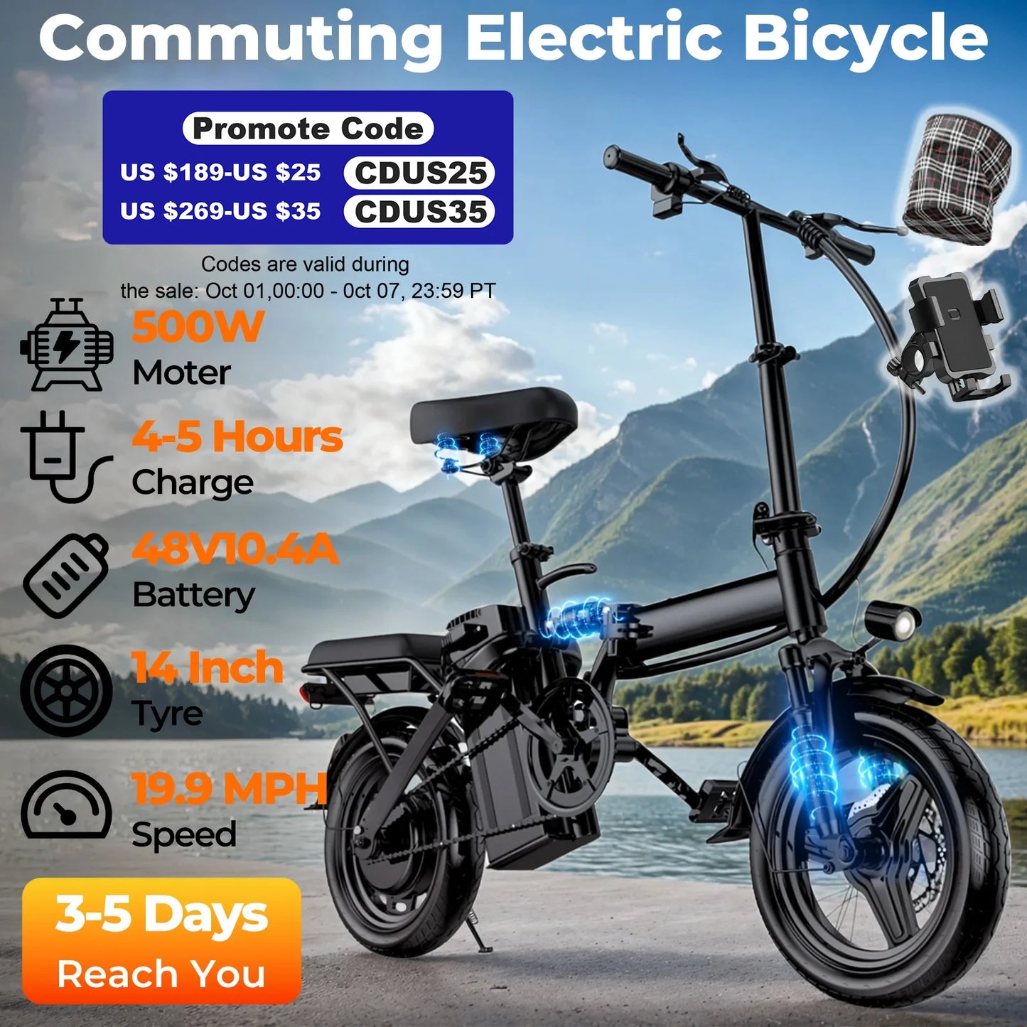 Lelekuai 500W Folding Electric Bike 20 MPH 48V 10.4Ah Removable Battery