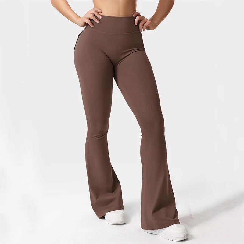 Womens Yoga Flare Trousers High Waisted Tummy Control Wide Leg Pockets For Gym