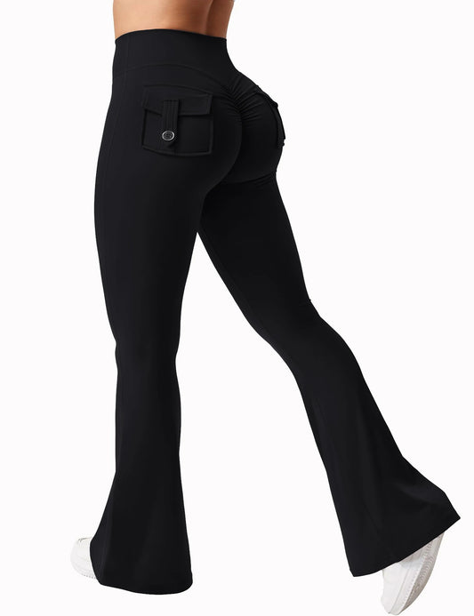Womens Yoga Flare Trousers High Waisted Tummy Control Wide Leg Pockets For Gym