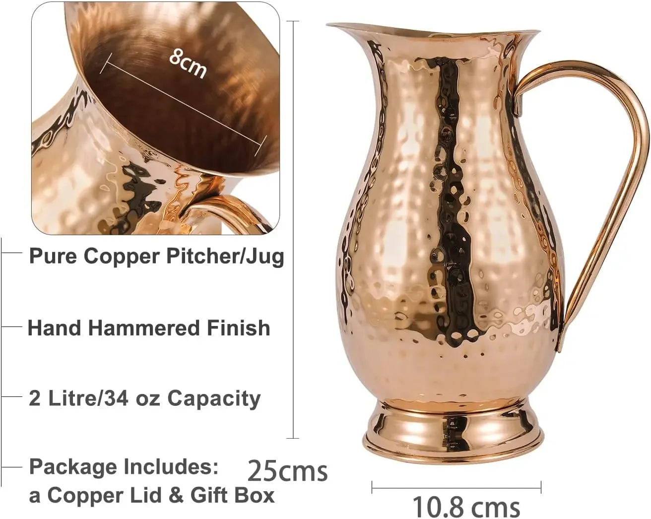 Pure Copper Pitcher With Lid Handcrafted Hammered Carafe