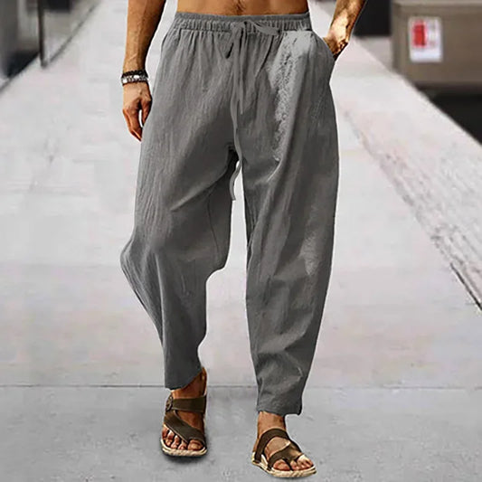 Men Cotton Linen Wide Leg Trousers High Waist Casual Breathable Pants For Everyday Wear