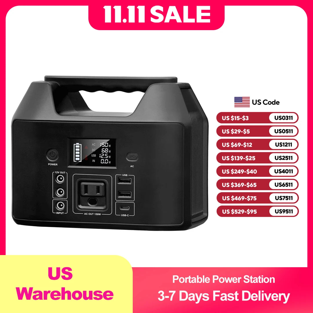 SinKeu 150W Portable Power Station LiFePO4 Battery Solar Generator 122.8Wh With AC 110V