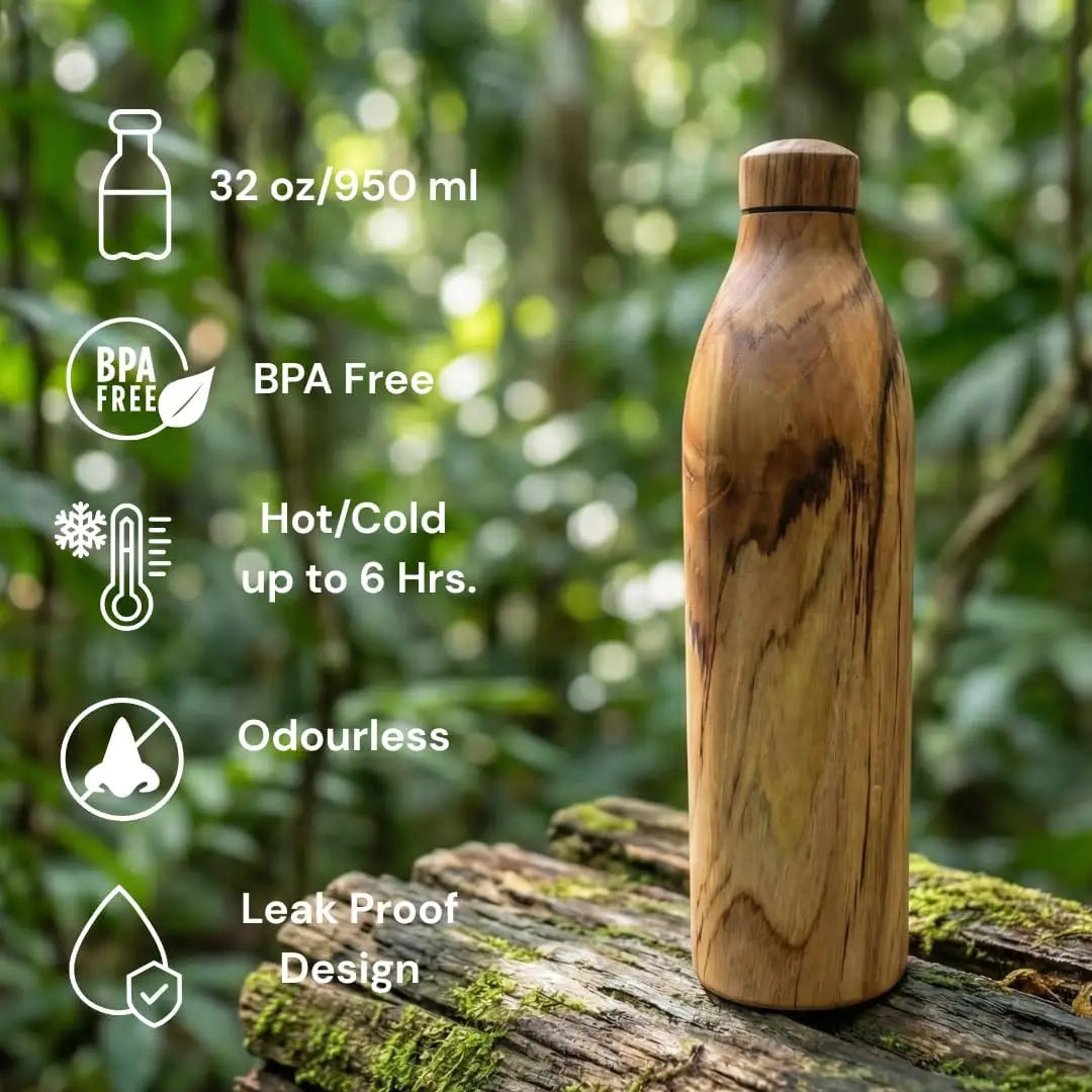 Wooden Insulated Copper Water Bottle, Leak Proof For Sports Travel