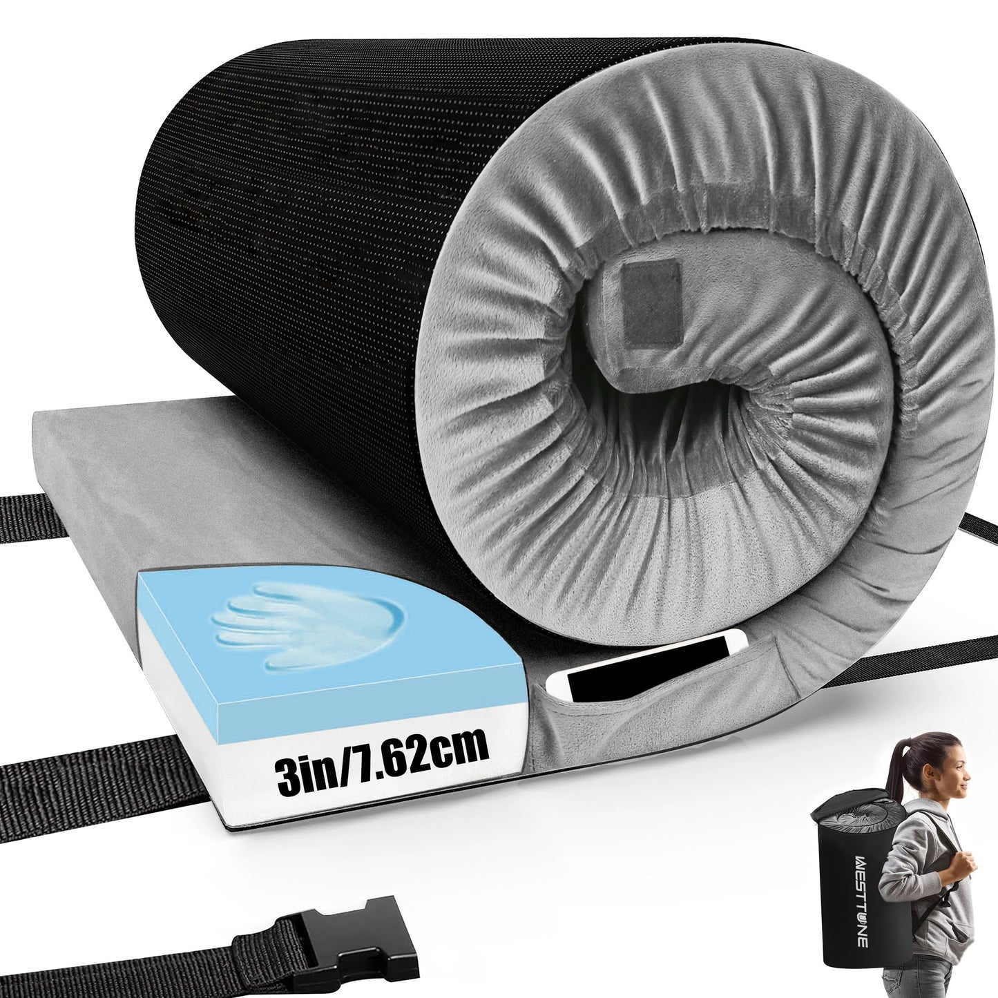 WestTune Memory Foam Camping Sleeping Pad CertiPUR US Mattress Travel Bag Grey