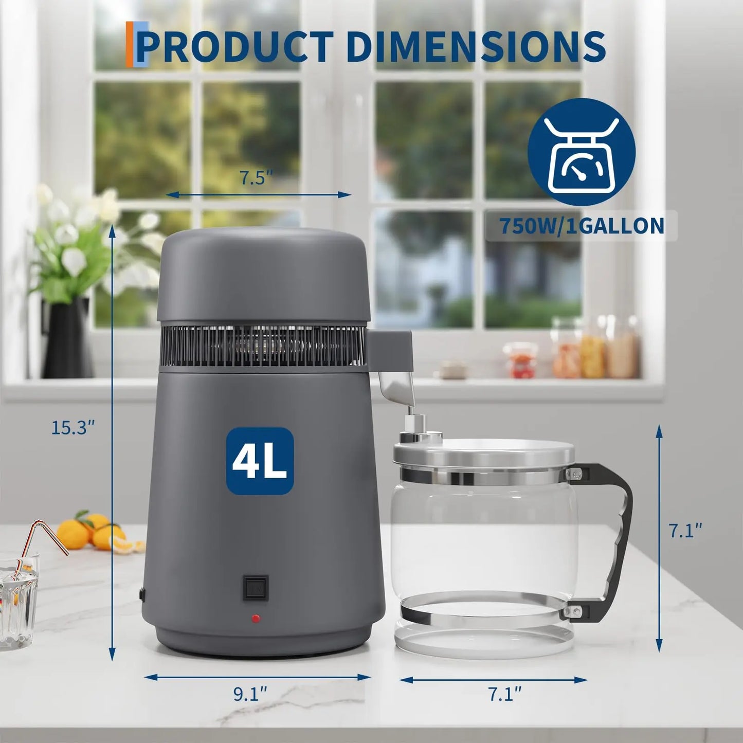 Adoolla 4L Countertop Water Distiller 110V Stainless Steel With Glass Pitcher