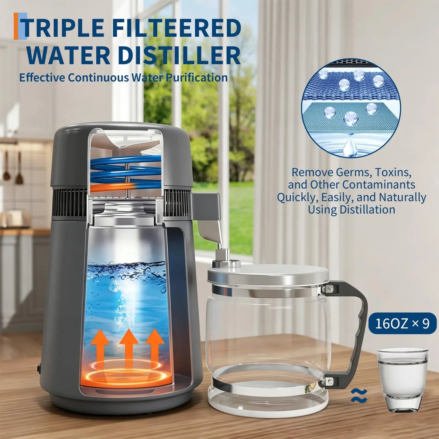 Adoolla 4L Countertop Water Distiller 110V Stainless Steel With Glass Pitcher