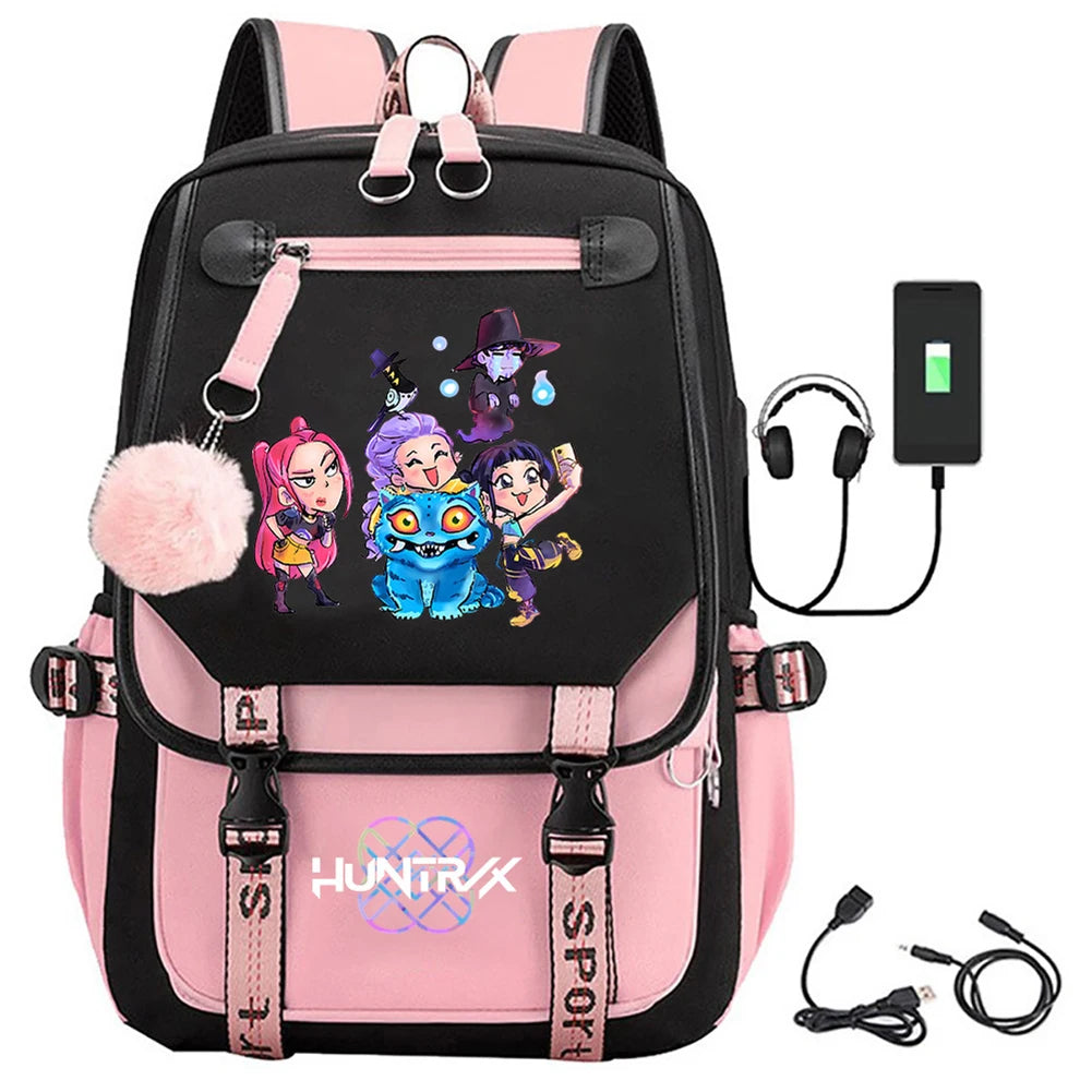 KPop Movie Print School Backpack With USB Port Laptop Bag