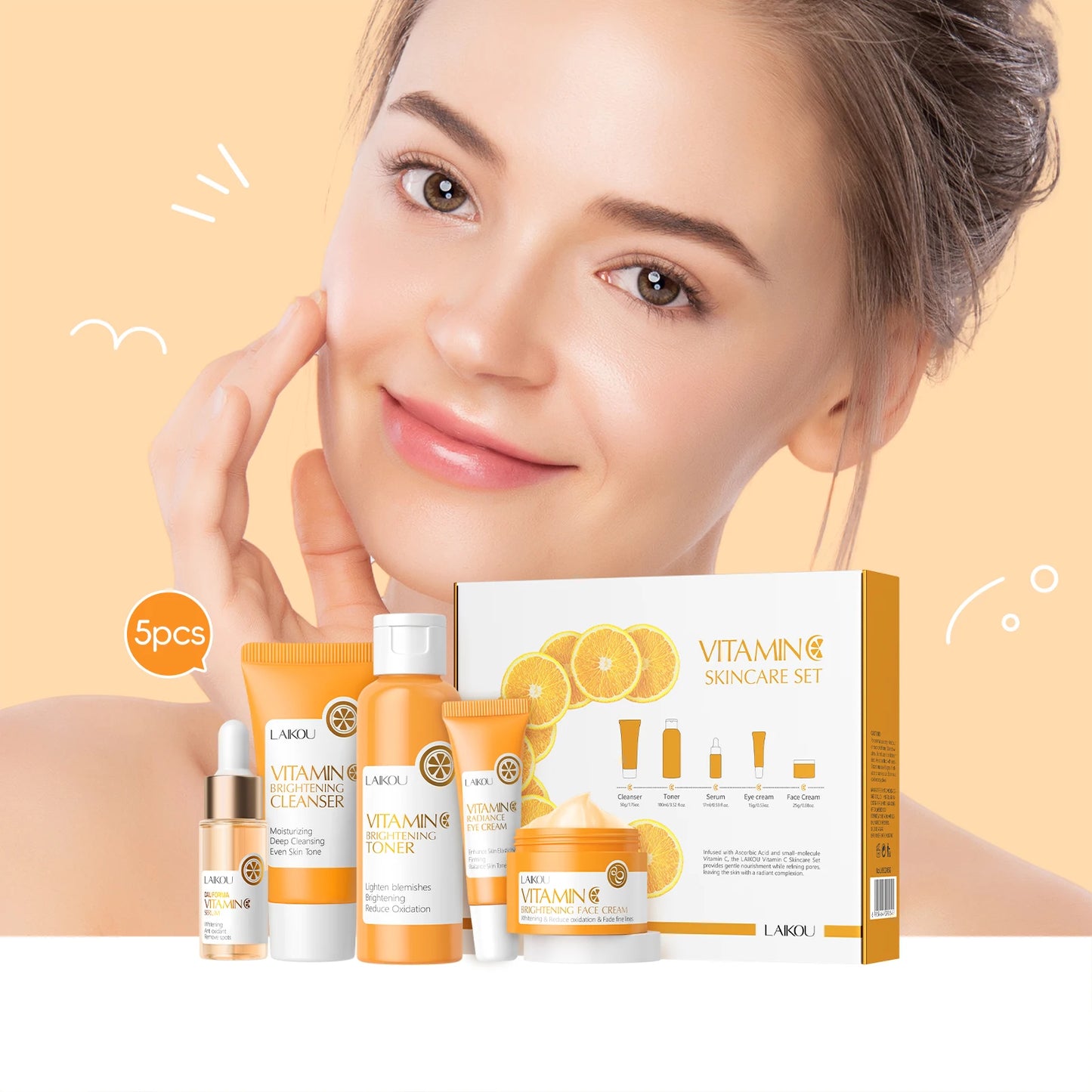 LAIKOU Vitamin C Skincare Set Brightening Five Piece Kit for Even Skin Tone and Radiance