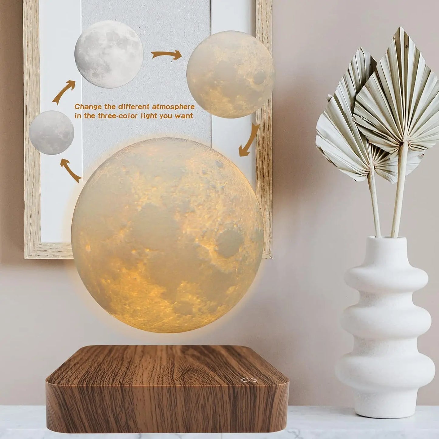 Magnetic Floating Rotating Moon Lamp Wooden Base 3 Color LED Night Light