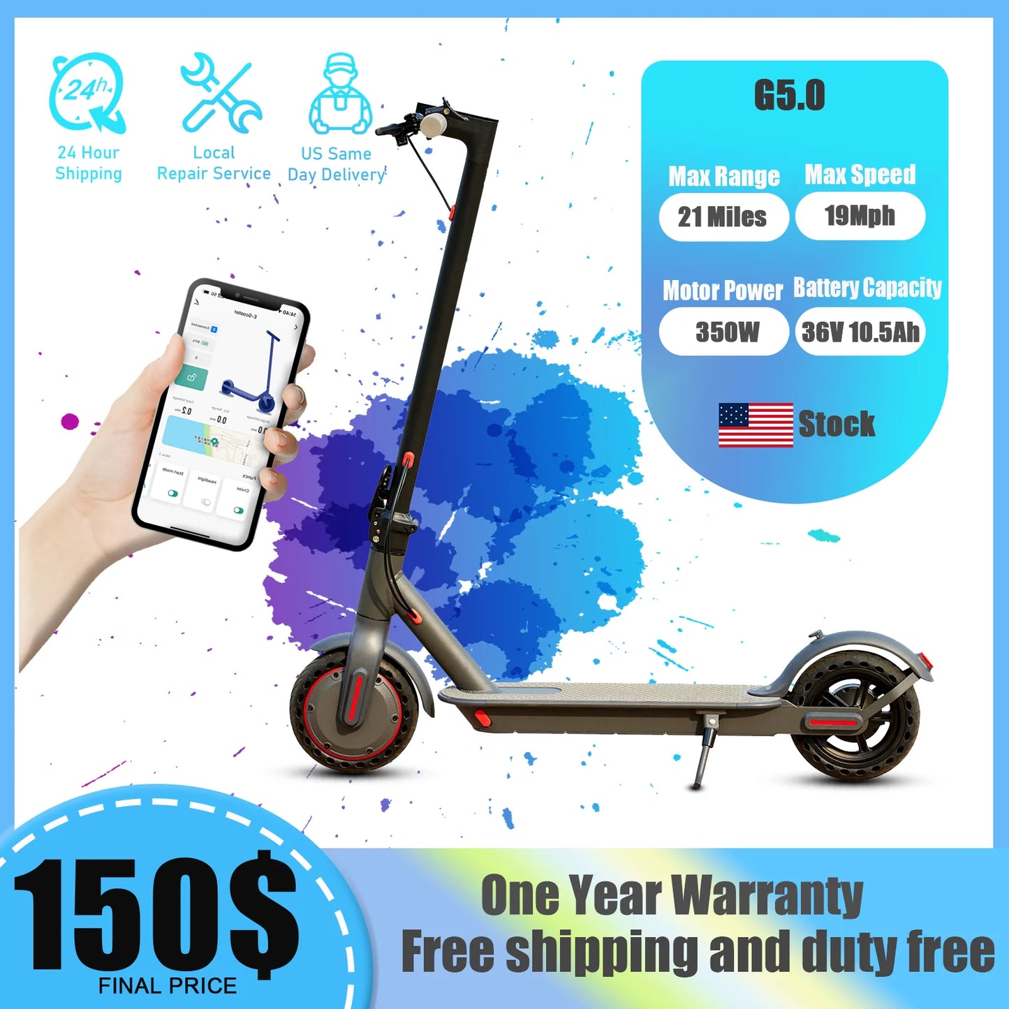 G5.0 Premium Foldable Electric Scooter 36V 10.5Ah Battery LongerRange Performance