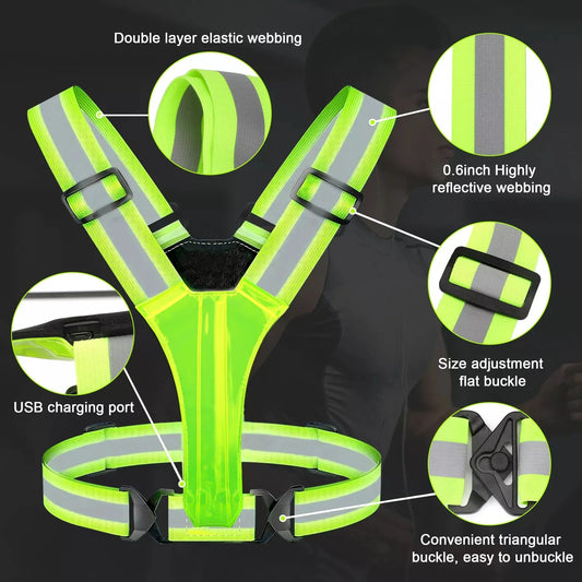 USB Rechargeable LED Reflective Running Vest With Glowing Straps High Visibility