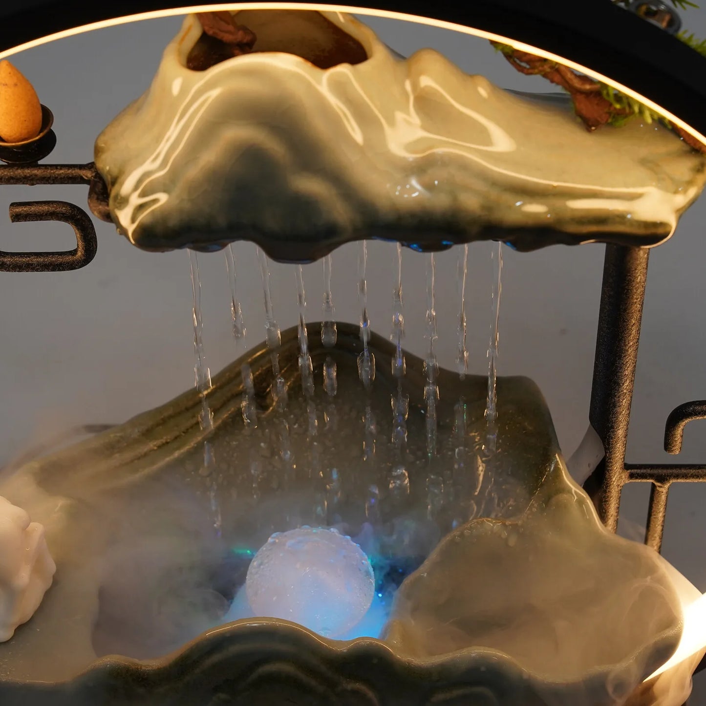 110V Ceramic Tabletop Fountain With Mist LED Deer Figurine And Pine Branches