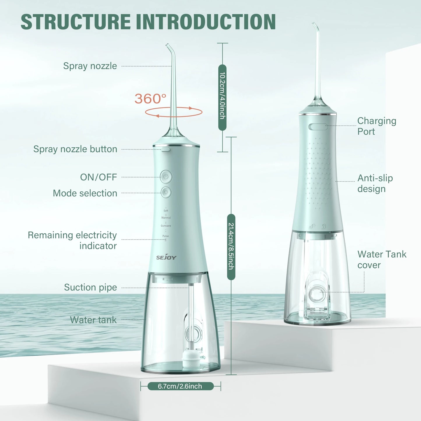 SEJOY USB Rechargeable Oral Irrigator Water Flosser 280ML Portable Teeth Cleaner
