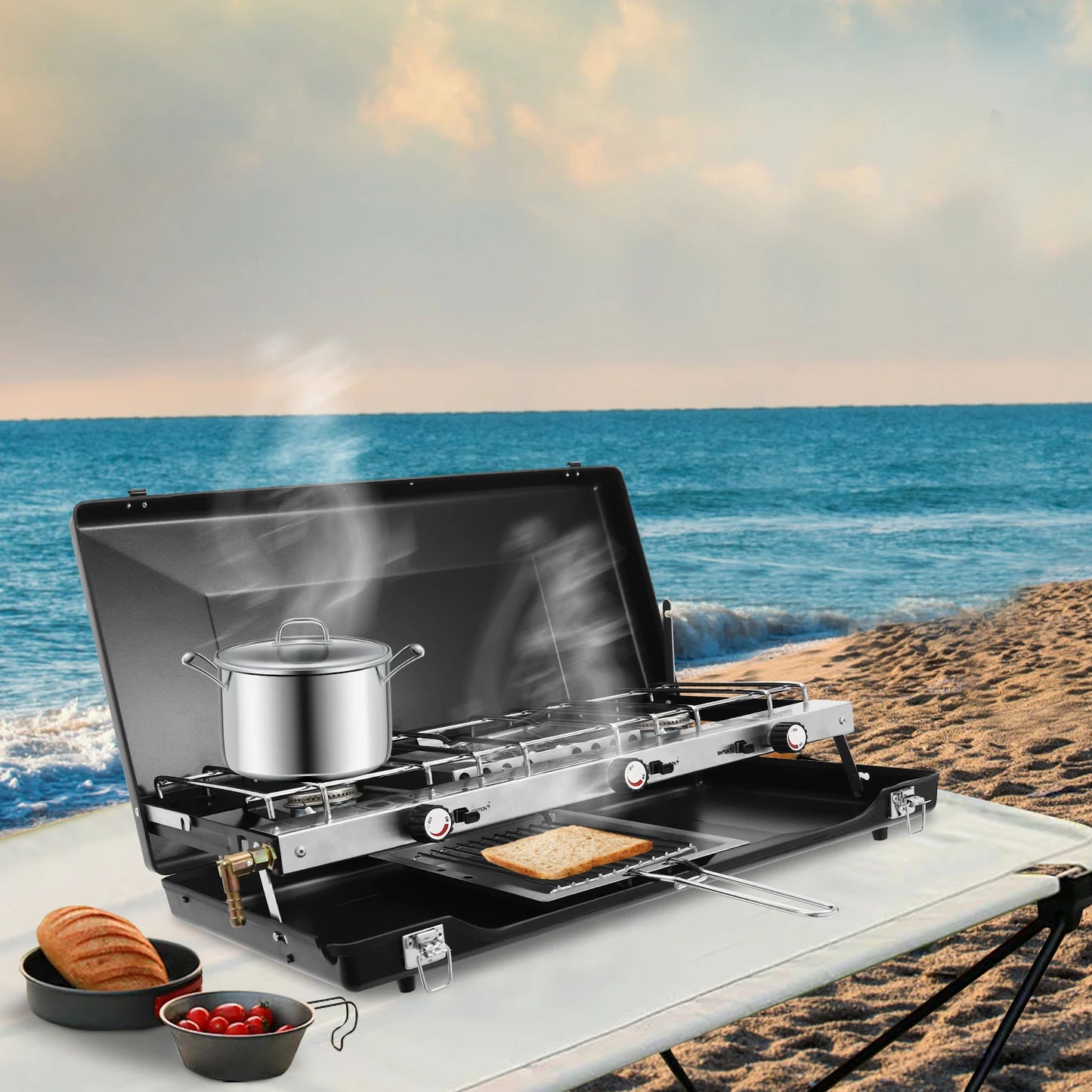 Portable 3-Burner Propane Camping Stove With Griddle And Windshield