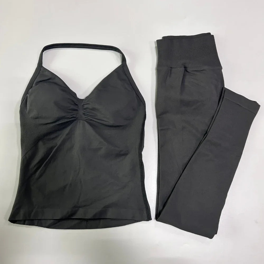 No Logo Seamless Gym Set Women Tank Tops And Leggings