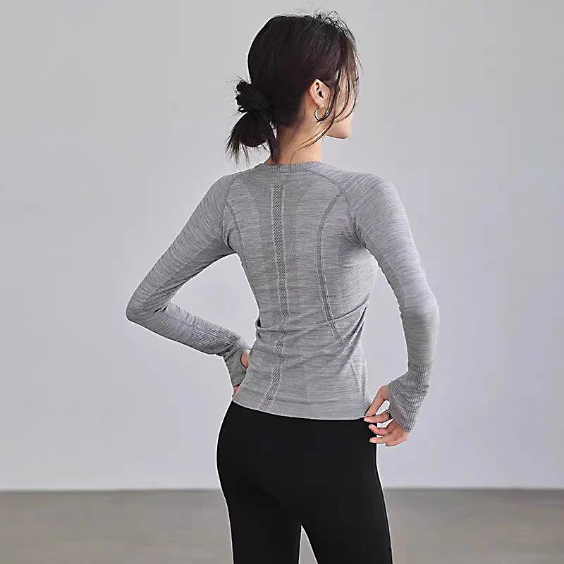 Women Yoga Top Round Neck Seamless Long Sleeve Gym Shirt For Fitness Winter