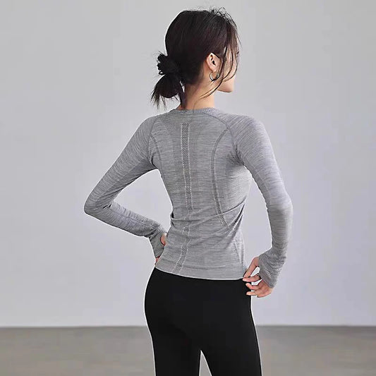 Womens Yoga Shirt Seamless Round Neck Long Sleeve Athletic Top Winter